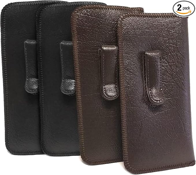 Calabria Soft Slip-In Glasses Case Pocket Metal Clip 2Black/2Brown(4Pack) Men/Women Faux Leather Felt Lining 6.5"x3"