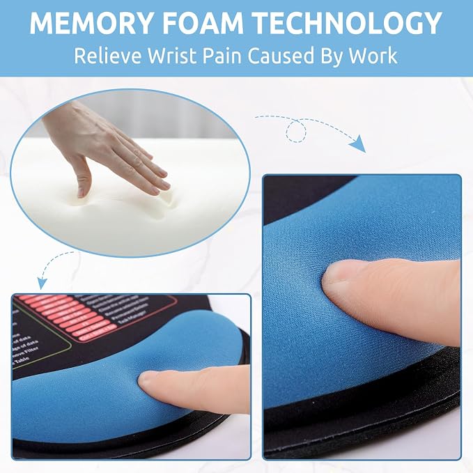 KONVINIT Ergonomic Mouse Pad with Wrist Rest, Small Excel Cheat Sheet Desk Pad with Windows & Office & Excel Shortcuts, Non-Slip Rubber Base Mouse Pads for Desk with Smooth Surface, Black Blue