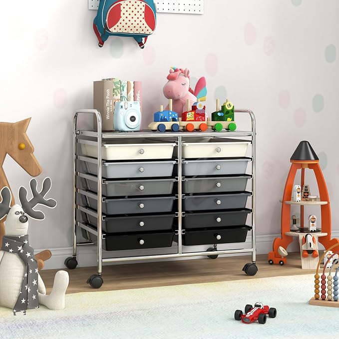 COSTWAY 12-Drawer Rolling Storage Cart, Utility Storage Organizer Cart | For Tools, Scrapbook, Paper, Craft, Multipurpose Art Supply Organizer on Wheels for Home Office School, Teacher, Mixed Black