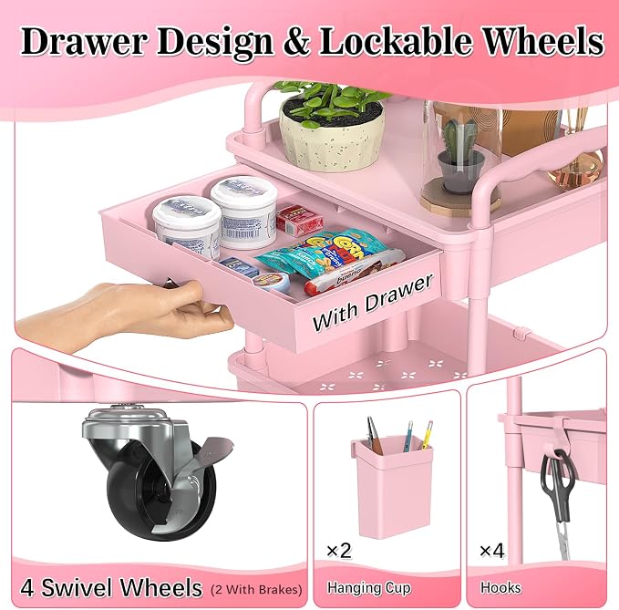 SUNALLY 3 Tier Rolling Cart with Drawer, Craft Storage Cart Organizer, Pink | Bathroom Storage Organizer with 2 Lockable Wheels, Rolling Utility Cart for Kitchen, Office, Baby, Makeup, Nail,Snack,Laundry