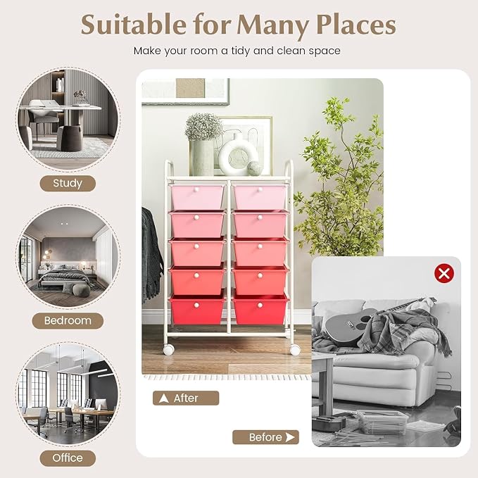 10 Drawer Rolling Cart, Storage Cart Organizer on Wheels, Drawer Cart with Metal Frame & Large Storage Capacity, Rolling Cart with Drawers for Living Room Classroom, Office