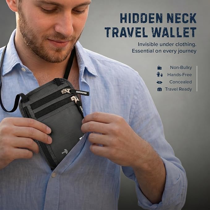 Zero Grid RFID Travel Neck Wallet, Large Passport Holder, Dark Grey | Slim & Concealable Travel Pouch for Men & Women; Holds Phone, Cash, Cards, Keys, Waterproof; 4 compartments; Adjustable Strap