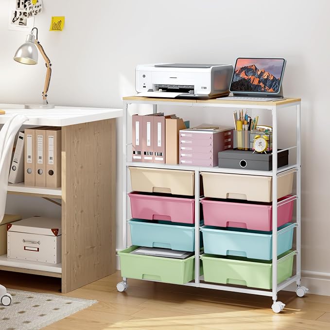 Rolling Storage Cart with 8 Large Drawers,Wooden Tabletop | Open Storage Shelves, Mobile Craft Organizer with Lockable Wheels for Home, Classroom, Office Supplies & Art Studio,Colorful