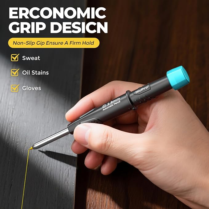 Nicpro Carpenter Pencil with Sharpener, CP3000 Carpenter Mechanical Pencils with 19 Refill, Deep Hole Marker for Construction, Heavy Duty Construction Pencil, Woodworking Tool for Marking - Blue
