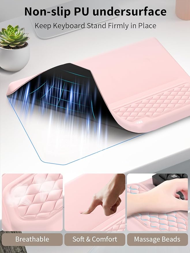 3-in-1 Ergonomic Keyboard Stand with Wrist Rest & Mouse Pad Set, Pink | Comfy Keyboard Riser Holder Soft Mousepad with Massage Design, Memory Foam and Non-Slip PU Base for Pain Relief