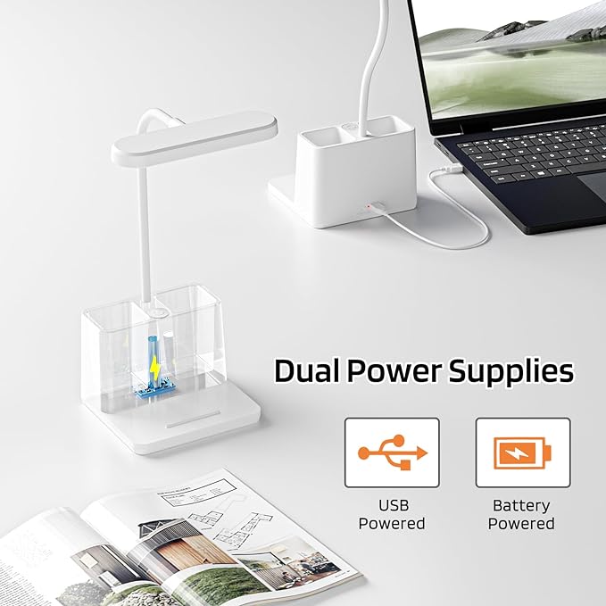 Small Desk Lamp, Rechargeable Cute Table Light for Kids Teens | for College Dorm Room, Home Office, Bedroom, White, LED, Pen Holder, Mini, Gooseneck, Computer Task, Desktop Study