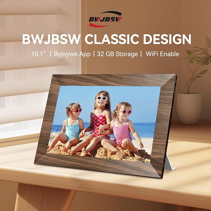 10.1 Inch Digital Picture Frame with 32GB Storage, WiFi Digital Photo Frame 1280x800 HD IPS Touchscreen, Easy Setup for Photo & Video Sharing via Free App, Brown Wood Grain
