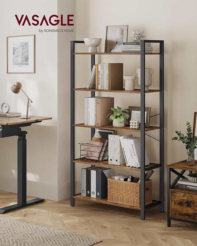 VASAGLE 5-Tier Bookshelf, Bookcase with Steel Frame, Book Shelf for Living Room, Home Office, Study, 11.8 x 31.5 x 60.2 Inches, Industrial Style, Rustic Brown and Ink Black ULLS081B01