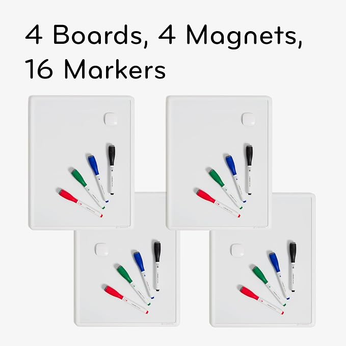 U Brands Contempo Magnetic Dry Erase Board White Board Bundle, 11" x 14", White Modern Frame, Includes 4 Boards, 16 Markers and 4 Magnets