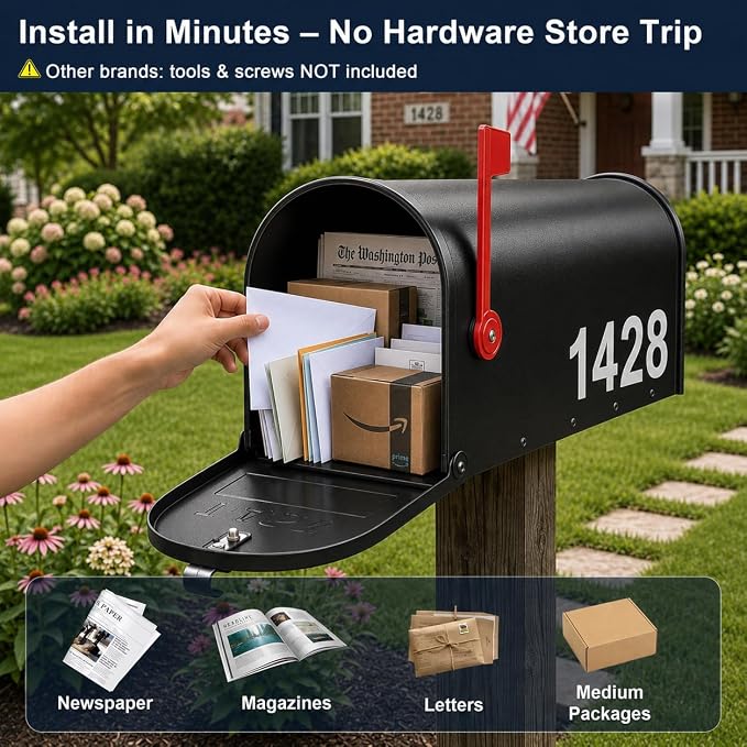 Mailbox for Outside,Metal Post Mount Outdoor MailBoxes - with Tools,Screws,Number Stickers,Red Flag Indicated,Medium Capacity,Galvanized Steel,Waterproof Mail Box for House Outside,20 x 8.7 x 6.7 ”