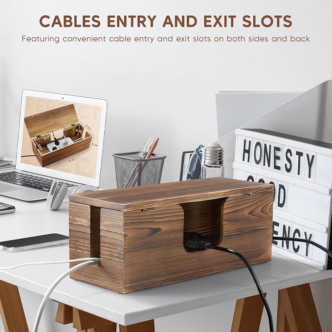 Large Cable Management Box - Burnt Wood Cable Organizer Box and Floor Cord Covers for Electrical Cord Management - Hide Desk Cord and Floor Cables - Wire Storage and Organization for Cords