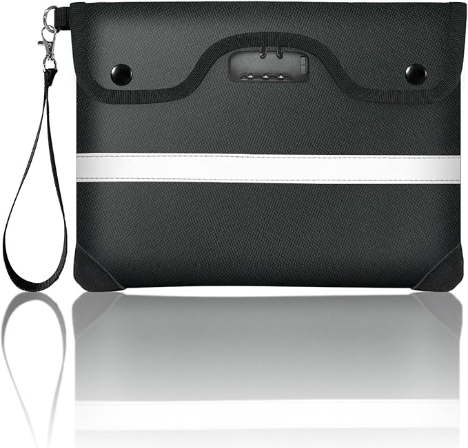 6200°F Fireproof Document Bag with Lock, 11.4 x 8.3 Inch Fire Proof Bag for Documents with Zipper, Water Resistant Envelope with Reflective Strip, Fireproof Money Pouch Black