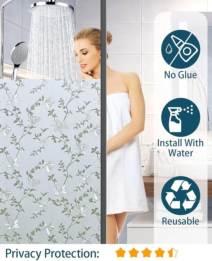 Frosted Glass Window Film with Elegant Flower Design, Bathroom Window Privacy Film for Glass Windows Cover, Static Cling, Removable, Reusable, Anti-UV, Anti-Glare, 17.5 Inch * 157.4 Inch