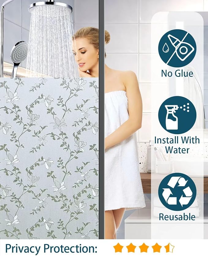Frosted Glass Window Film with Elegant Flower Design, Bathroom Window Privacy Film for Glass Windows Cover, Static Cling, Removable, Reusable, Anti-UV, Anti-Glare, 29.5 Inch * 157.4 Inch