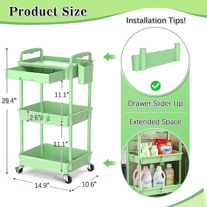 SUNALLY 3 Tier Rolling Cart with Drawer, Craft Storage Cart Organizer,Green | Bathroom Storage Organizer with 2 Lockable Wheels, Rolling Utility Cart for Kitchen, Office, Baby, Makeup, Nail,Snack,Laundry