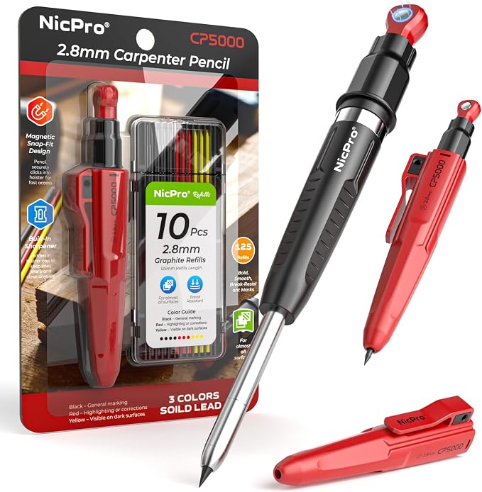 Nicpro CP5000 Magnetic Carpenter Pencils with Sharpener and Holster, 1 Pack | 2.8mm Construction Pencil+10 Refills, Deep Hole Marker for Construction, Woodworking Pencils with Strong Magnet Pickup Cap