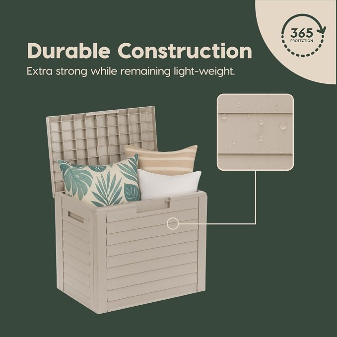 IRIS USA 35 Gallon Outdoor Deck Box, Lockable, Weather-Resistant, Beige | UV-Protected, Waterproof Resin, Patio Storage for Cushions, Garden Tools & Packages