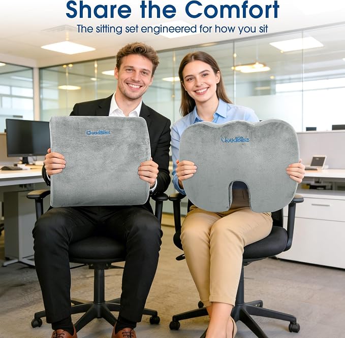 CloudBliss Lumbar Support Pillow & Seat Cushion Set for Office Chair,Desk Chair,Wheelchair & Car–Memory Foam Back Support, Ergonomic Chair Cushions, Sciatica Pain Relief,Home Essentials(Light Grey,XL)