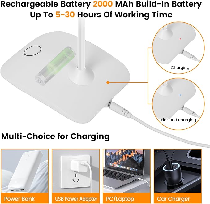 Portable Battery Powered Desk Lamp Small Rechargeable LED Table Light | 400 Lumen Eye Care,3 Color Temperatures,Stepless Touch Dimming,360° Adjustable for Nail Study Dorm Office Bedroom,White 1 Pcs