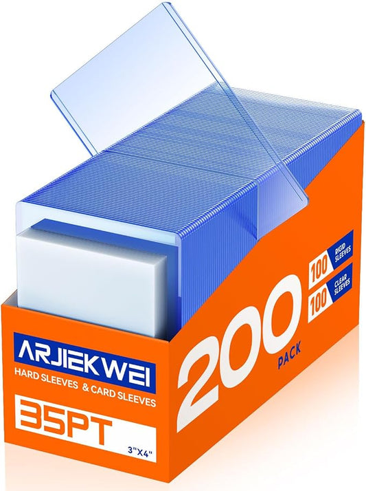 200 Pack Card Sleeves Hard Plastic, Arjiekwei 3"X4" Baseball Cards Protectors Plastic, Premium Card Holder for Trading Sports Baseball Football Game Cards (100 Hard + 100 Soft)