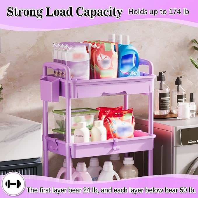 SUNALLY 4 Tier Rolling Cart with Drawer,Craft Storage Cart Organizer,Purple | Bathroom Storage Organizer with 2 Lockable Wheels, Rolling Utility Cart for Kitchen, Office, Baby, Makeup, Nail,Snack,Laundry