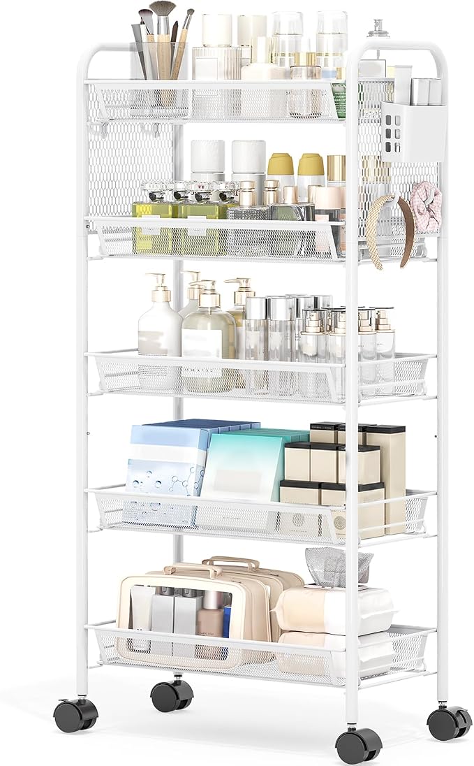 KINGRACK 5 Tier Rolling Cart, Metal Utility Storage Cart with Pegboard | Screwless Assembly, Lockable Wheels, 4 Hooks & 1 Bin, Mobile Organizer for Bathroom Kitchen Office Craft Room Laundry, White