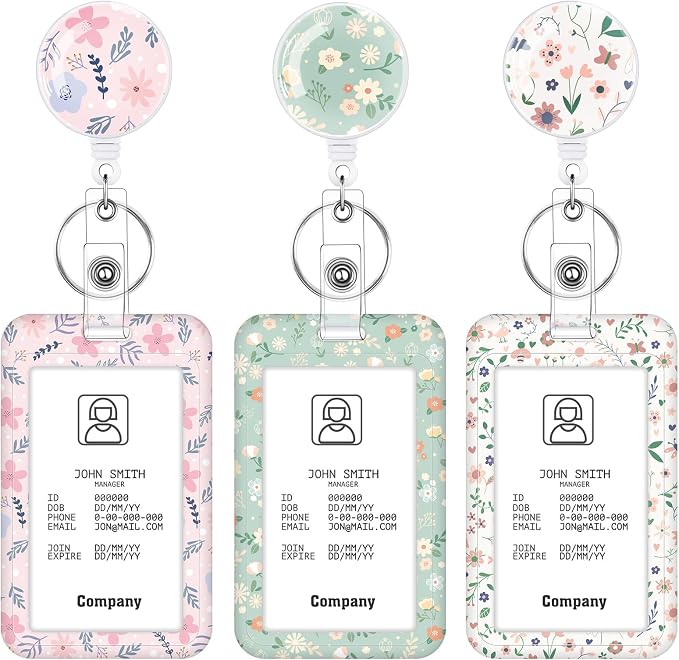 3 Set Floral Pattern ID Badge Holder with Retractable Reel, Retractable ID Badge Holders with Clip Name Badge Holders for Teacher Nurse Doctor Student Office Workers