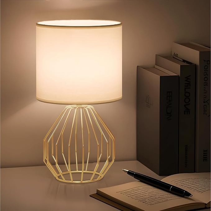 Small Gold Table Lamps, Set of 2 Bedside Nightstand Lamps with White Fabric Shade, Metal Base, Hollow Geometric Desk Lamps for Bedroom, Living Room, Office