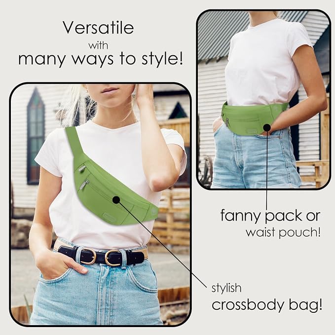 Large Crossbody Fanny Pack Belt Bag with 4-Zipper Pockets,Khaki Green | Adjustable Strap,Key Chain,Waist Pouch Belt Bag for Gym Workout Running Travelling Hiking Dog Walking