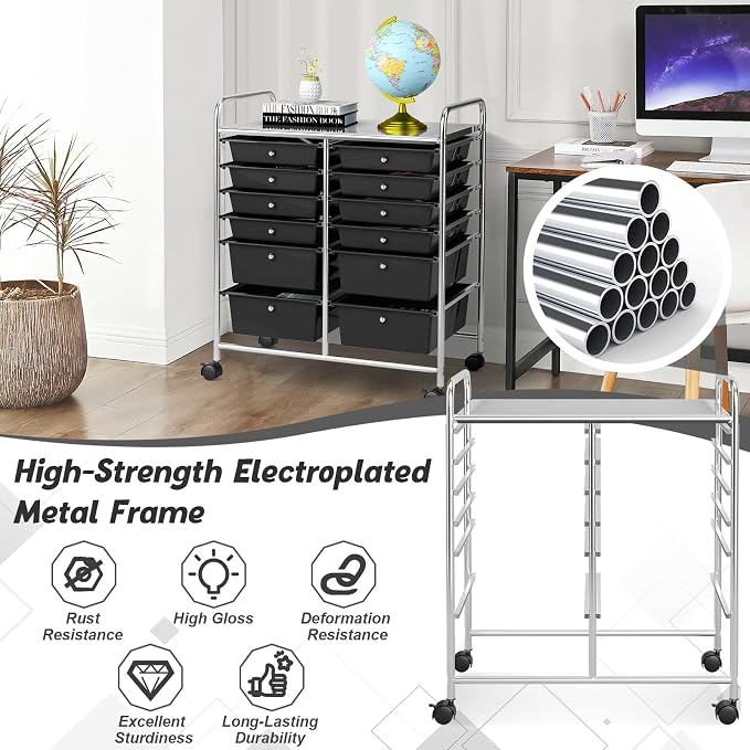 COSTWAY 12-Drawer Rolling Storage Cart, Moveable Art Craft Organizer | Lockable Wheels, Metal Shelf, Files Arrangement Tools Makeup Storage Cart for Office, Home, School (Black)