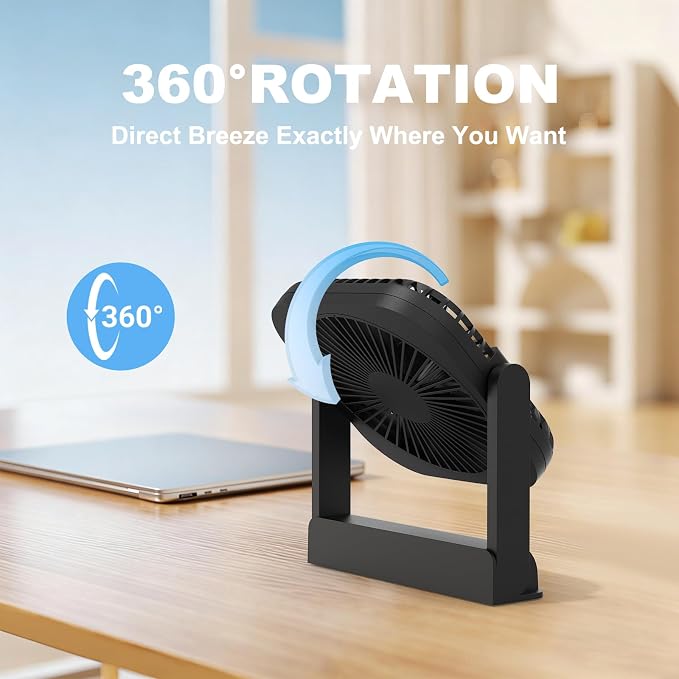 AA Battery and USB Operated Fan, Long Lasting, Quiet, Small Portable Desk Fan for Bedroom, Kitchen, Office, Travel. Built-in Magnet Base. (Black)