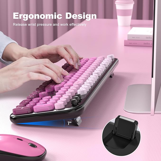 MOFII Wireless Keyboard and Mouse Combo, Full Size 2.4G Retro Round Computer Keyboard and Mouse Set, Plug and Play, for Windows, Computer, Desktop, PC, Notebook - (Black Pink Gradient)