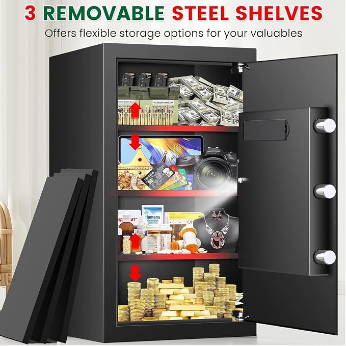 6.1 Cuft Heavy Duty Fire Security Home Safe Box, Large Floor Safe with Digital Keypad & Key Lock, Fire Proof Safes for Home with Three Removable Shelf, Anti-theft Tall Safes for Money, Cash, Documents