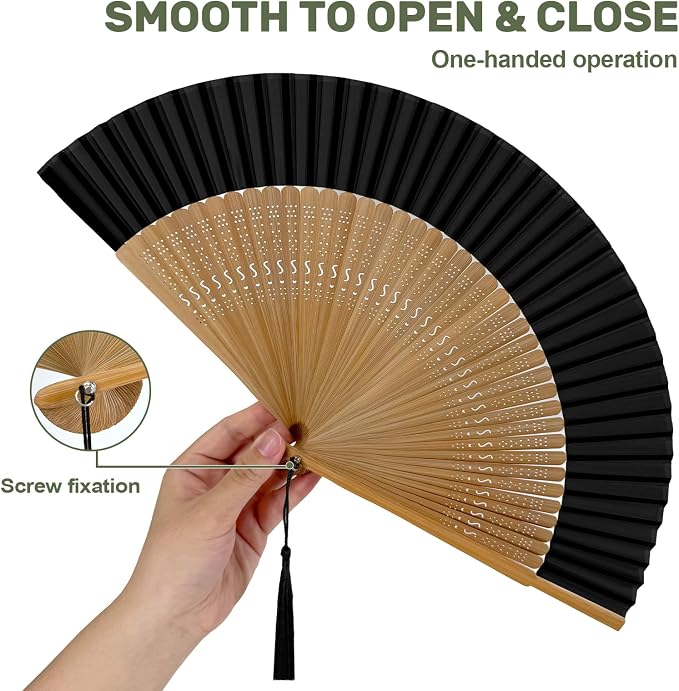 EOSAU Bamboo Hand Fan Foldable 8.3 Inch, Portable Folding Fan with Pouch for Church Wedding Makeup, Small Decorative Cooling Fan for Women (Black/Bamboo Frame)