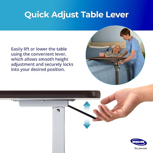 Invacare Bed Table, Height Adjustable Overbed Table, Hospital Bedside Table, Medical Rolling Desk with Wheels, Waterproof Medical and Home Use L-Shaped Steel Base Over Bed Tray Table