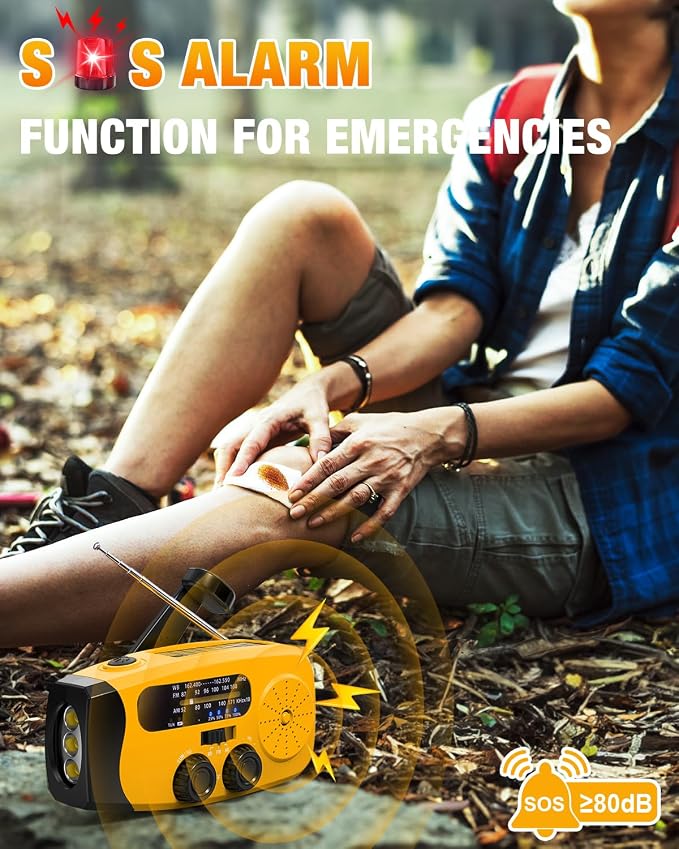 Hand Crank Radio with AM/FM/NOAA Weather Bands,for Emergencies, Camping | 3 LED Flashlights,SOS Function,Solar Powered,Hand Cranked, 2000mAh/7400mWh Charger,for Power Outage - Orange