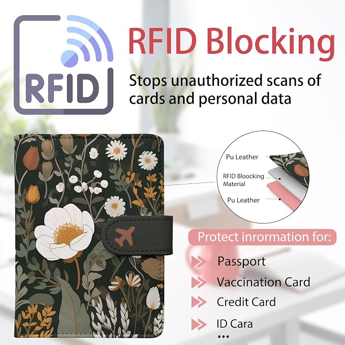 Passport Holder, Cute Travel Wallet Cover with RFID Blocking,flower | PU leather travel wallet with magnetic closure, card slots, pen loop, and easy access for passports and essentials.