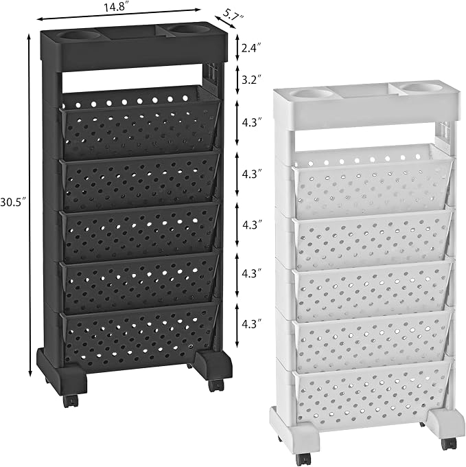 BYFU 6-Tier Rolling Bookshelf Cart, Black | Movable with Wheels, File Paper Storage Organizer, For Home Office Study Classroom