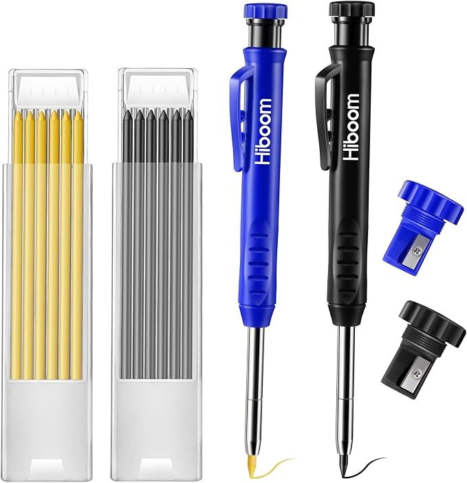 Hiboom 2 Pack Mechanical Deep Hole Carpenter Pencil, 14 Refills | Deep Hole Marker, Long Reach Tip, Built-in Sharpener, Wood, Metal, Concrete, Construction, Woodworking, Architect