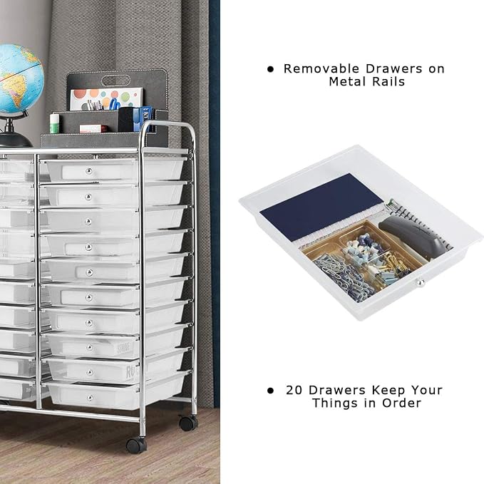 Giantex Storage Drawer Carts, 20-Drawer Organizer, Utility Cart on Wheels, Semi-Transparent Multipurpose Cart for Home Office School Supplies Tools Scrapbook Paper
