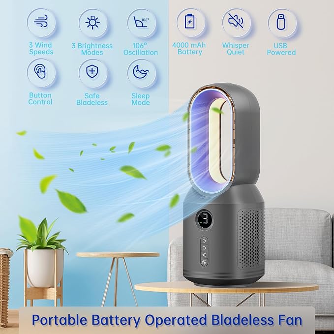 Desk Fan,13 Inch Portable Bladeless Fan, Small Quiet Office Fan with 106° Oscillating, 3 Speeds & Night light, LED Display,Button Control, Personal Battery Operated Table Fan for Bedroom, Office, Home