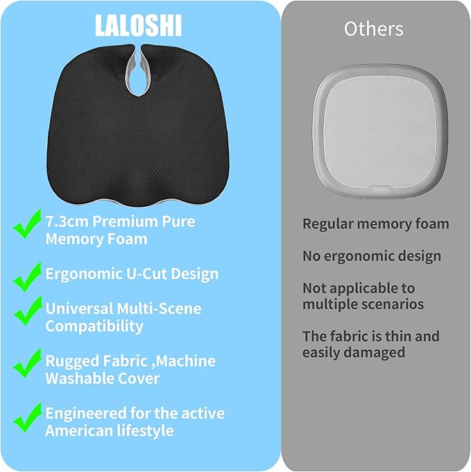 Office Chair Cushion with Coccyx Cutout & U-Shape Design, 2.8" Memory Foam for Back Pain Relief - Ergonomic Seat Pad, Removable Cover, Universal Fit