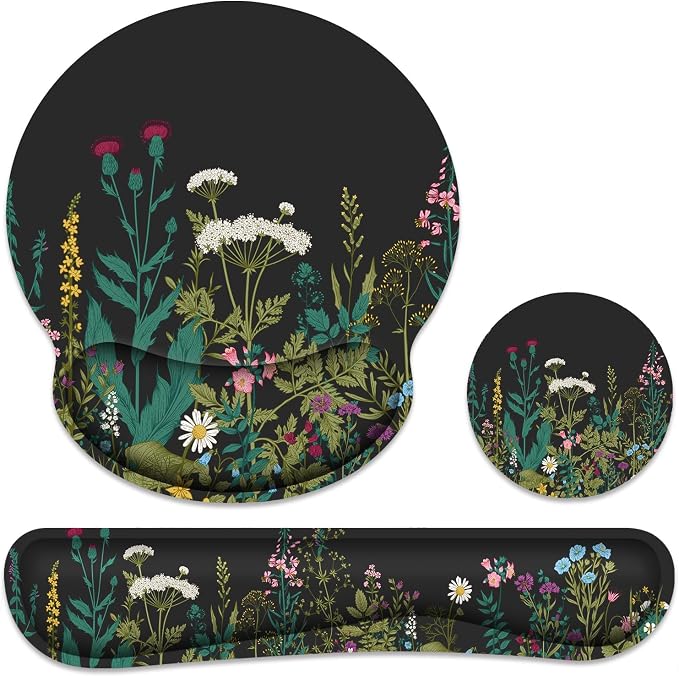 Ergonomic Mouse Pad with Wrist Rest and Keyboard Wrist Rest, Mousepad | Memory Foam Wrist Rest for Computer Keyboard, Pain Relief, Non-Slip Base, Black Mouse Pad Wrist Support for Gaming, Flower