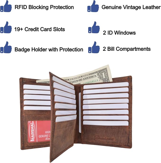 MARSHAL Bifold Leather RFID Blocking Wallet For Men & Women | Genuine Leather Holder With 20 Slots, 2 Bill Compartments & ID Window | Hipster wallet Money, Driver’s License, Travel & More (Vintage)