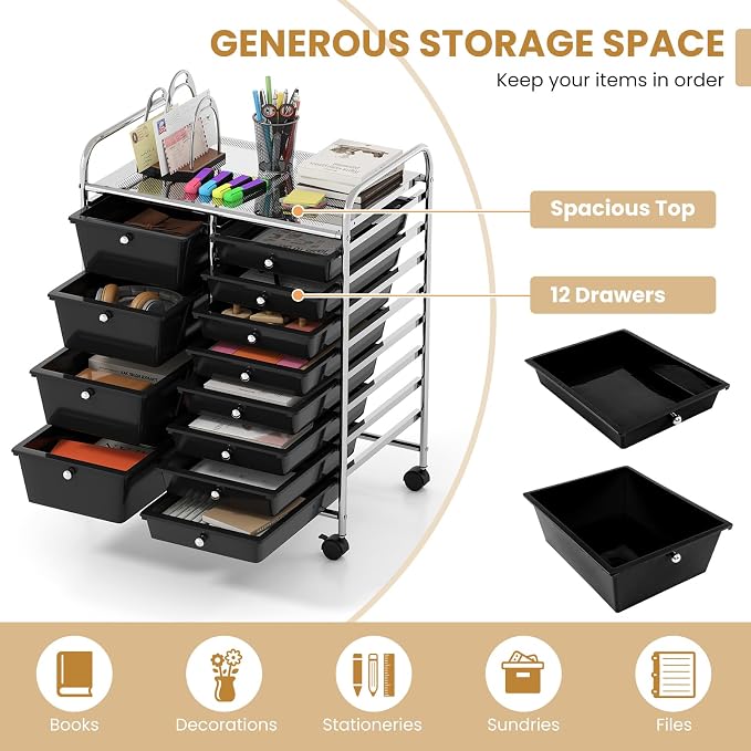 COSTWAY 12 Drawer Rolling Storage Cart, Utility Cart with Metal Frame | Mobile Art Supply Craft Organizer, Multipurpose Storage Organizer for Paper, Office, School Teacher, Classroom, Black