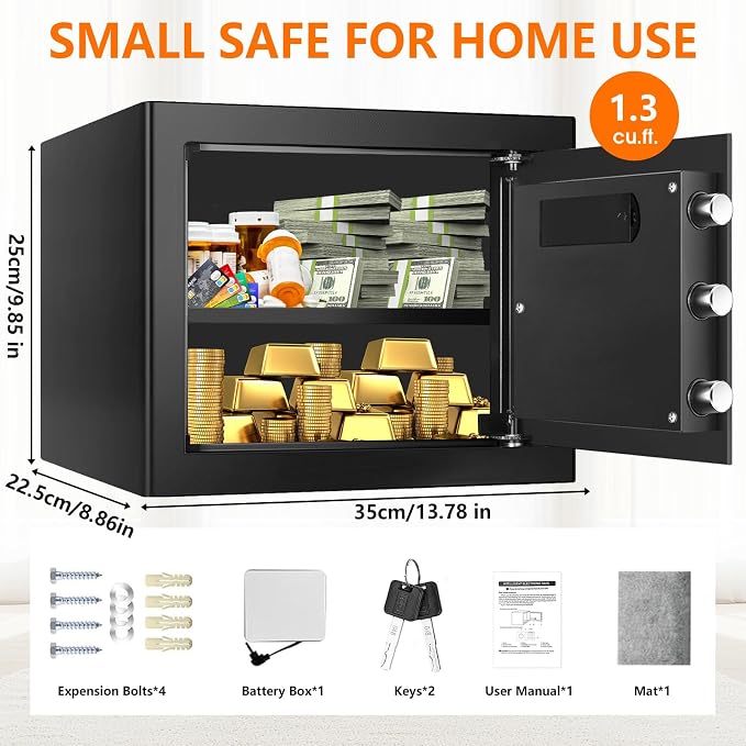 1.3 Cub Small Fireproof Safe for Home, Security Anti-Theft Fire Proof Safe Box with Spare Keys, Programmable Keypad and Alarm System, Digital Fireproof and Waterproof Safes for Document Money Medicine