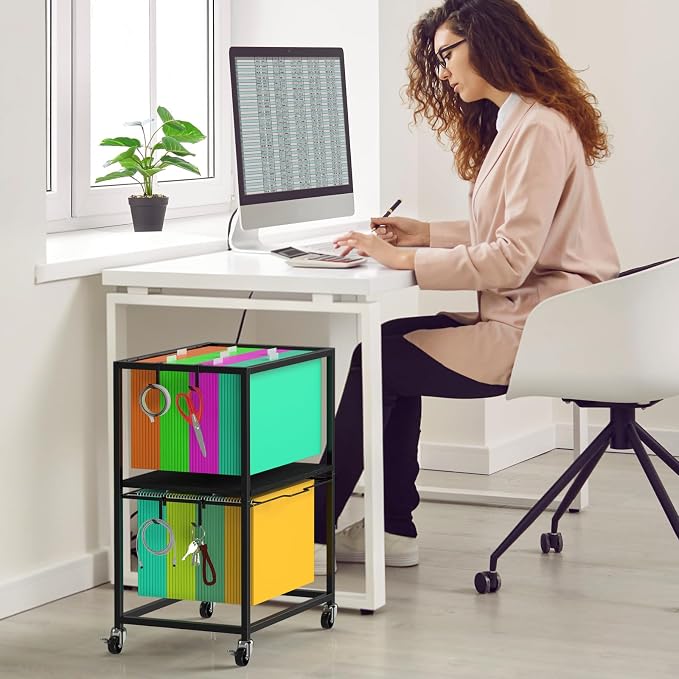 Sunexinlo Rolling File Cart for Letter/Legal Size 2-Tier,Hanging File Organizer, Pull-Out Mobile File Cabinet with 360° Wheels & 4 Hooks, Under Desk Filing Cabinets for Home Office, Black