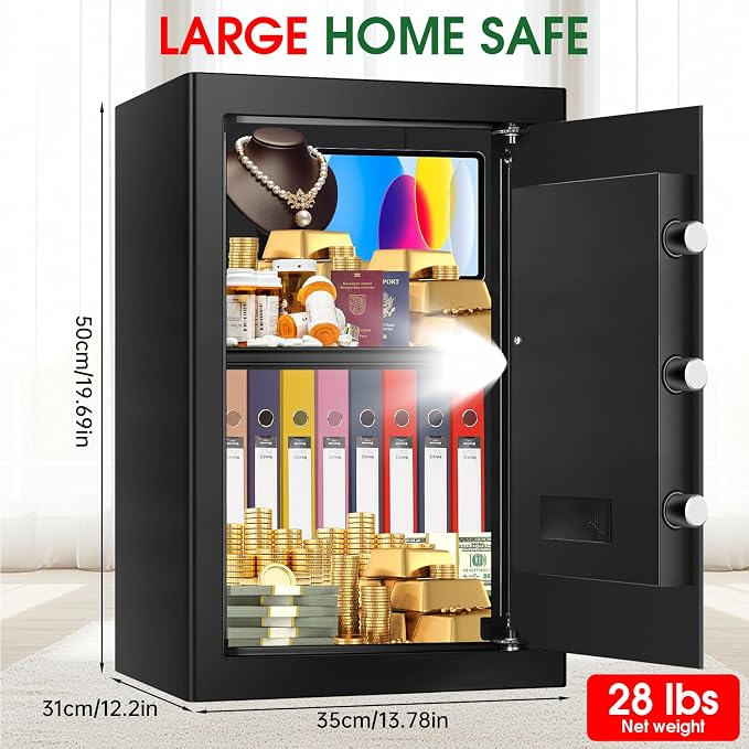 3.3 Cuft Large Home Safes Water and Fireproof with Digital Keypad & Key Lock, Security Safes for Home with DIY Removable Shelf, Anti-Pry Safe Box for Money Documents Jewelry, 19.69"H x13.78"W x 12.2"D