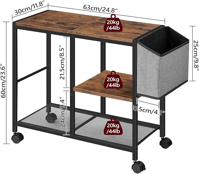 MAHANCRIS Printer Stand with Storage Bag, 3-Tier Mobile Under Desk Printer Cart with Wheels, Wood Rolling Printer Table, Organizer Shelf for Study, Office, Living Room, Rustic Brown PTHR2201