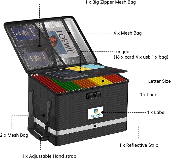 Fireproof File Box with Lock, 5200℉ Document Organizer, Black | Suitable for Letter Size Hanging Folders, Reflective Strip for Fast Find,Foldable Home Office Protection,16.6"x12.6"x10.2"